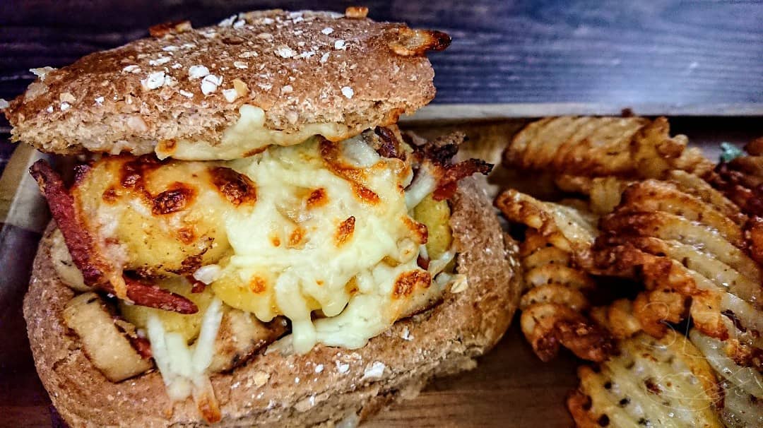 Gnocchi and Sausage Stuffed Bun with Chips and Salad