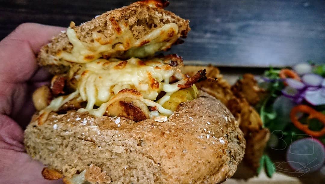 Gnocchi and Sausage Stuffed Bun with Chips and Salad