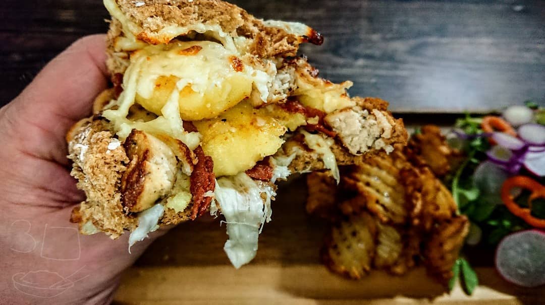 Gnocchi and Sausage Stuffed Bun with Chips and Salad