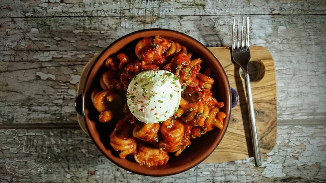Vegetable Trottole Pasta with Poached Egg
