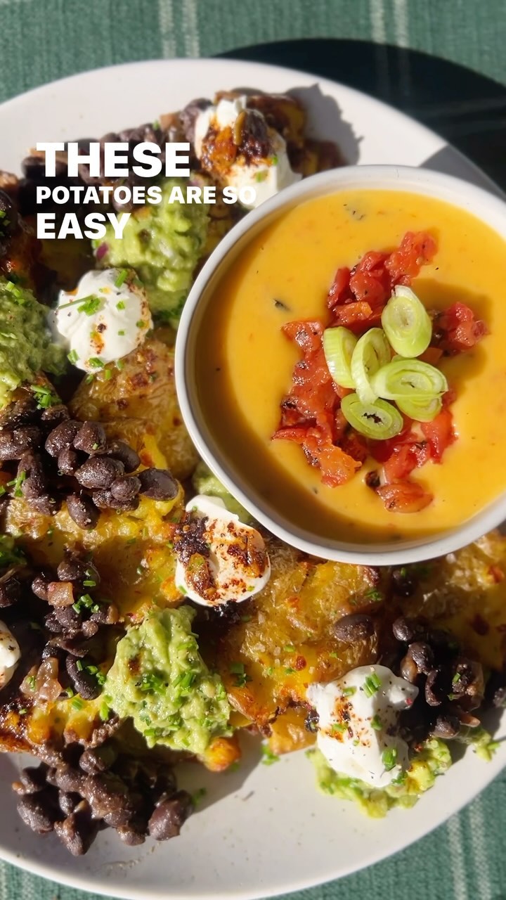 Loaded Smashed Potatoes with Smoky Cheese Dip