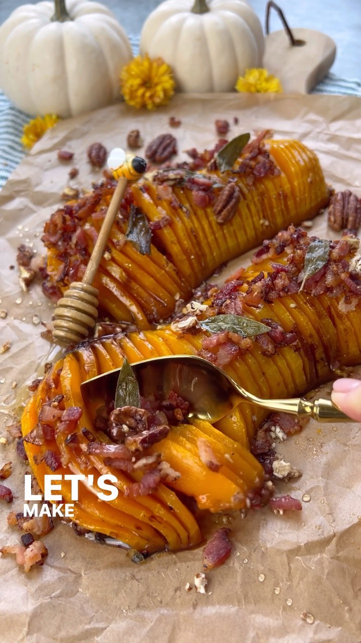 Hasselback Butternut Squash with Bacon and Caramelized Pecans