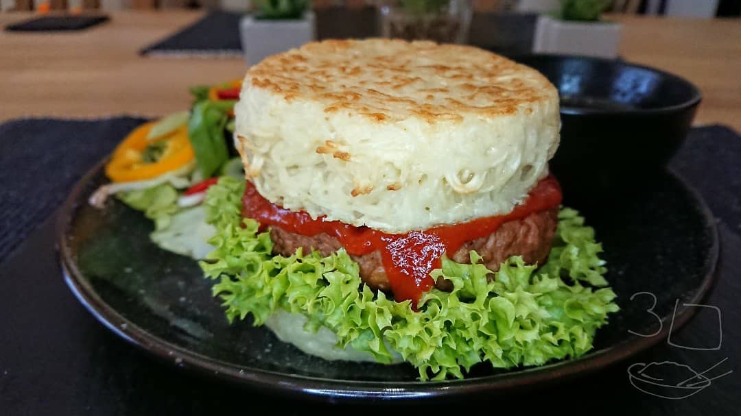 Ramen Burger with Veggie Patty and Broth