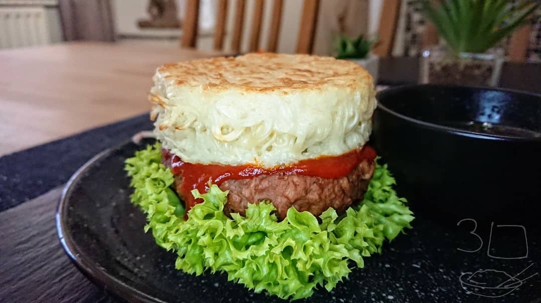 Ramen Burger with Veggie Patty and Broth