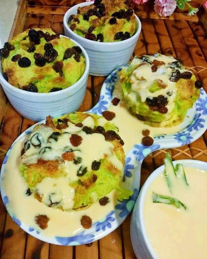 Pandan Bread Pudding with Custard Sauce