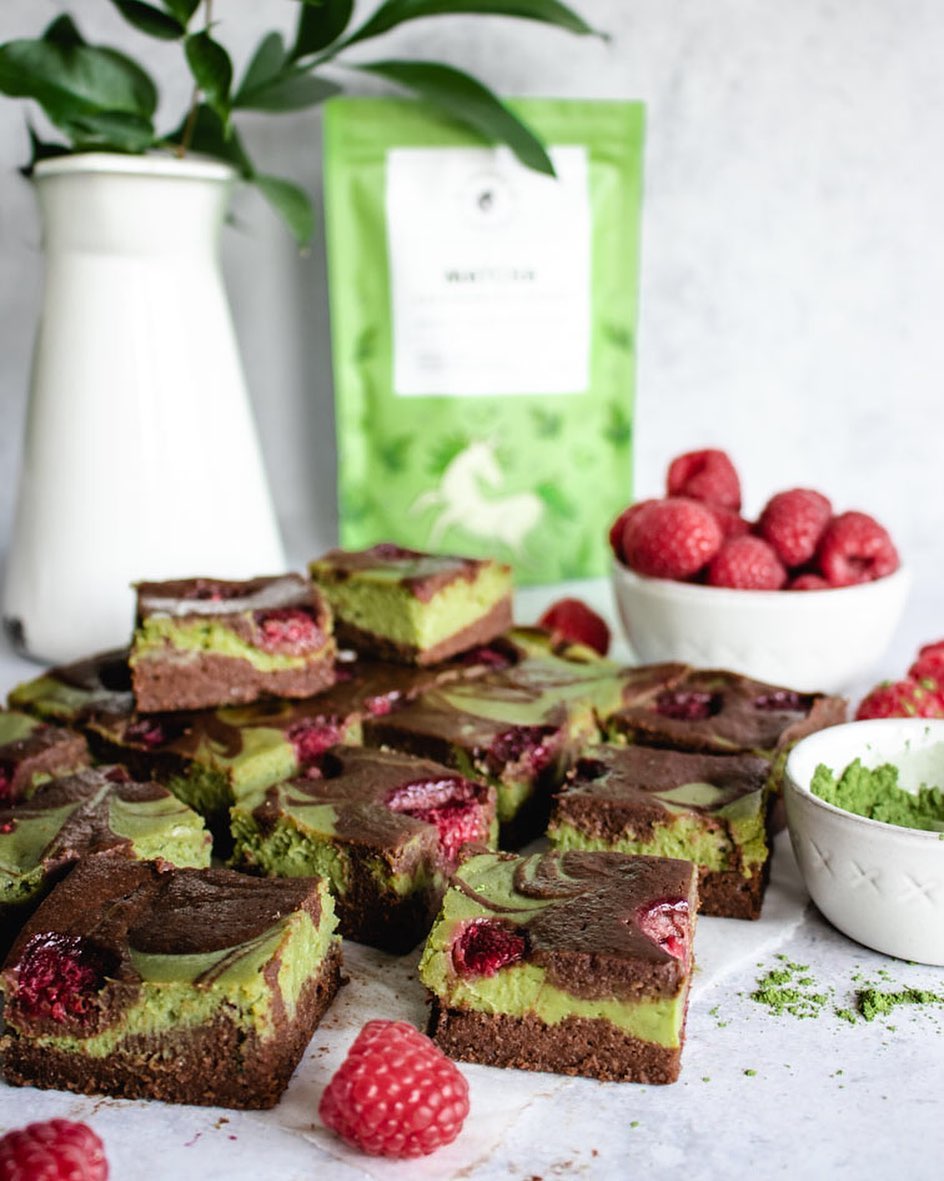 Matcha Cheesecake Brownies with Raspberries