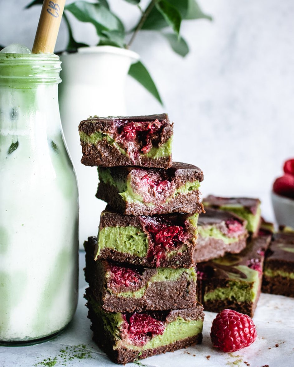 Matcha Cheesecake Brownies with Raspberries