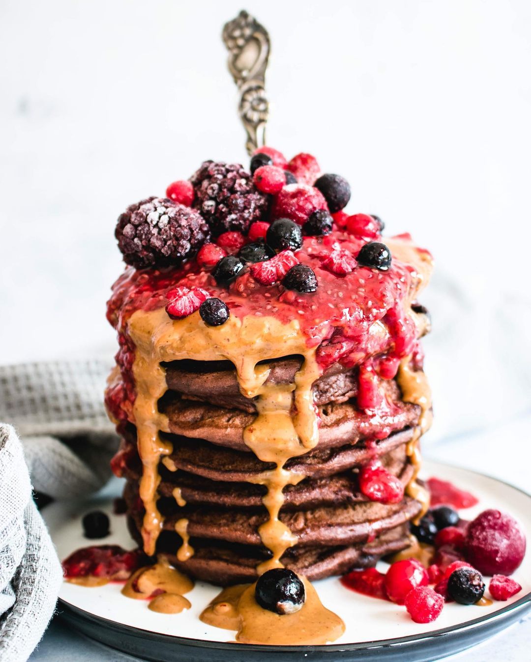 Vegan Double Chocolate Peanut Butter and Jelly Pancakes