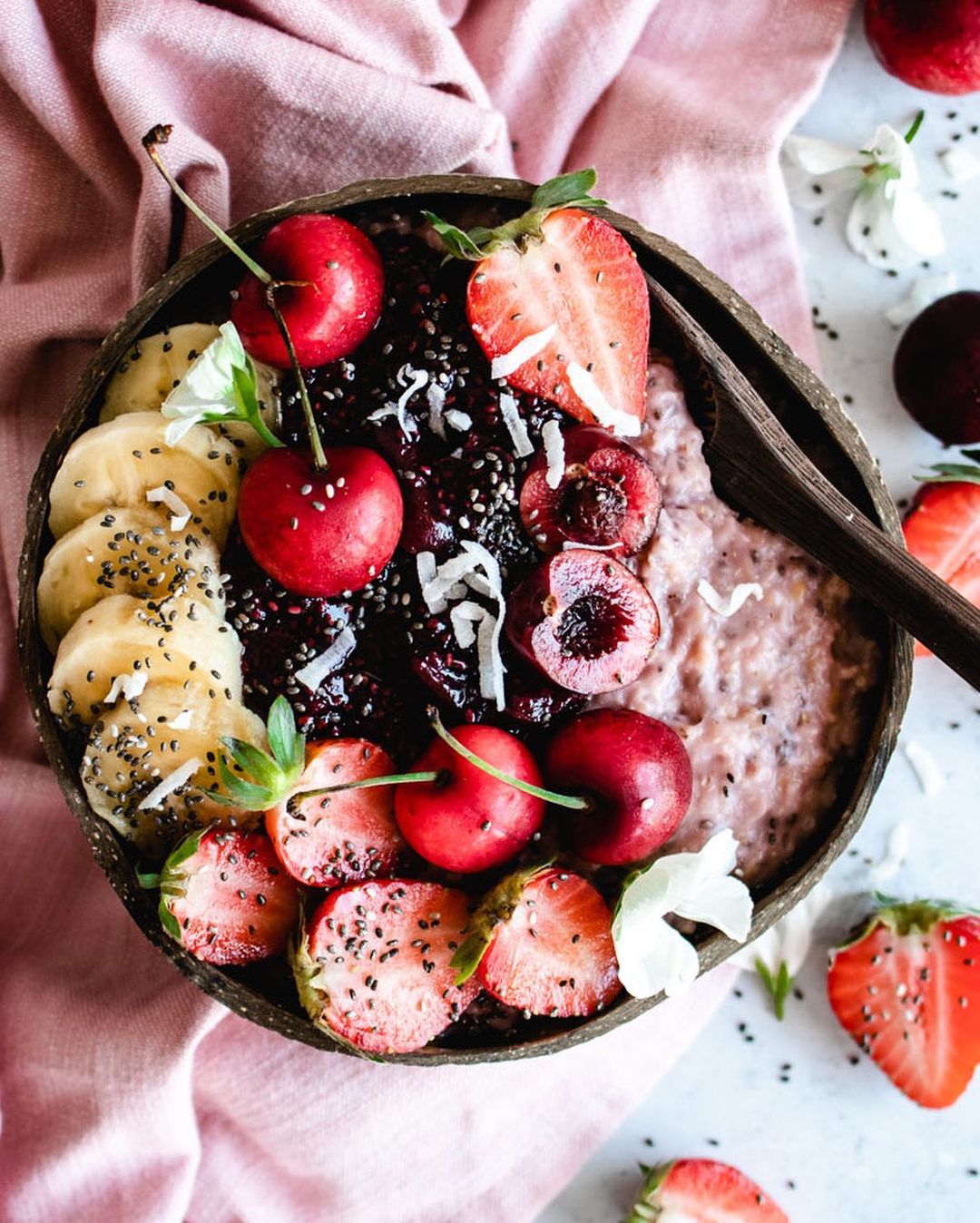 Pink Oatmeal with Toppings and Chia Jam