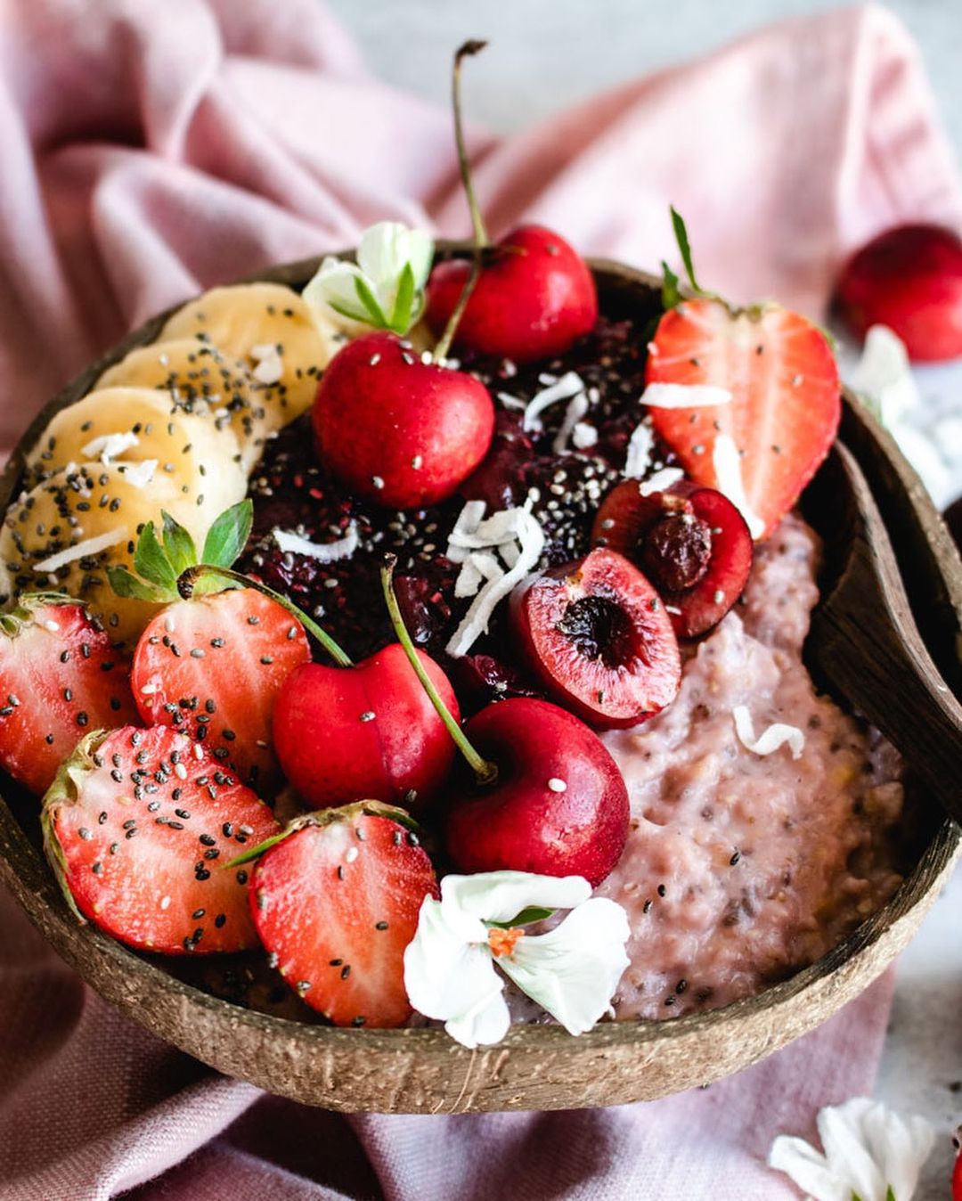 Pink Oatmeal with Toppings and Chia Jam
