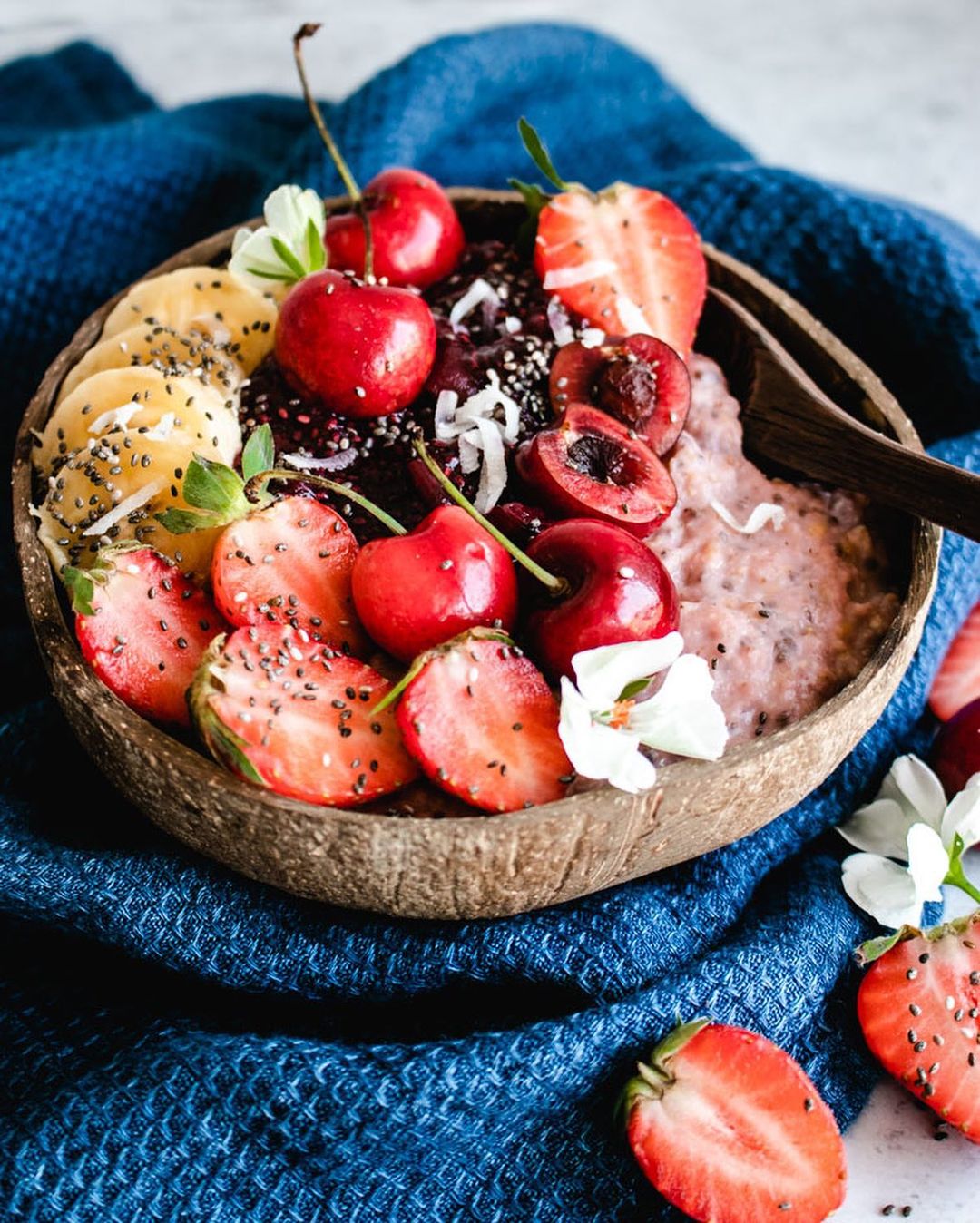 Pink Oatmeal with Toppings and Chia Jam