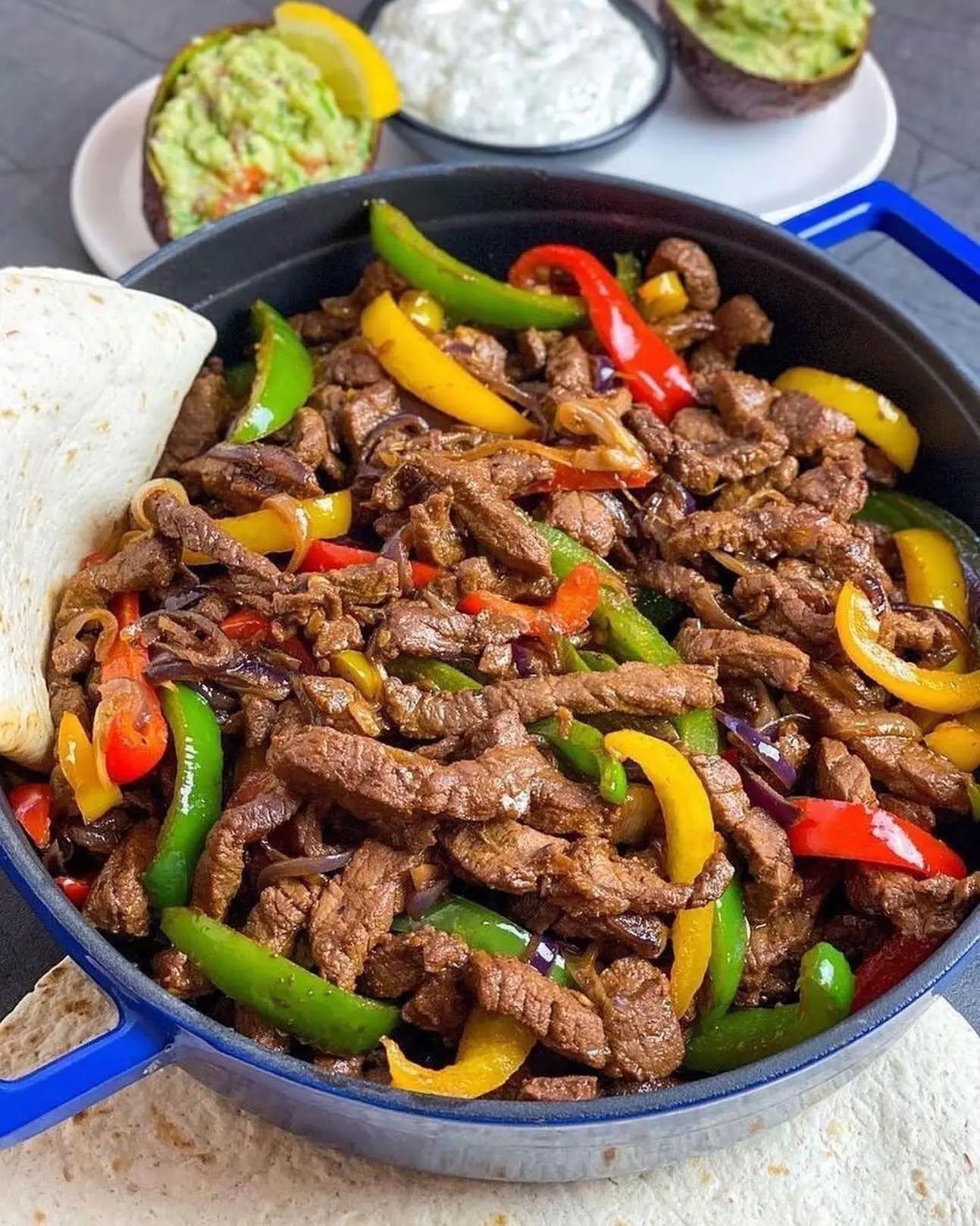 Beef Fajitas with Guacamole and Sour Cream