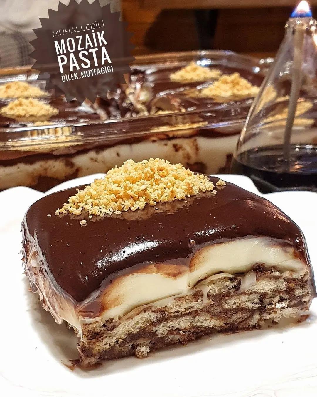 Mosaic Cake with Custard and Chocolate Sauce