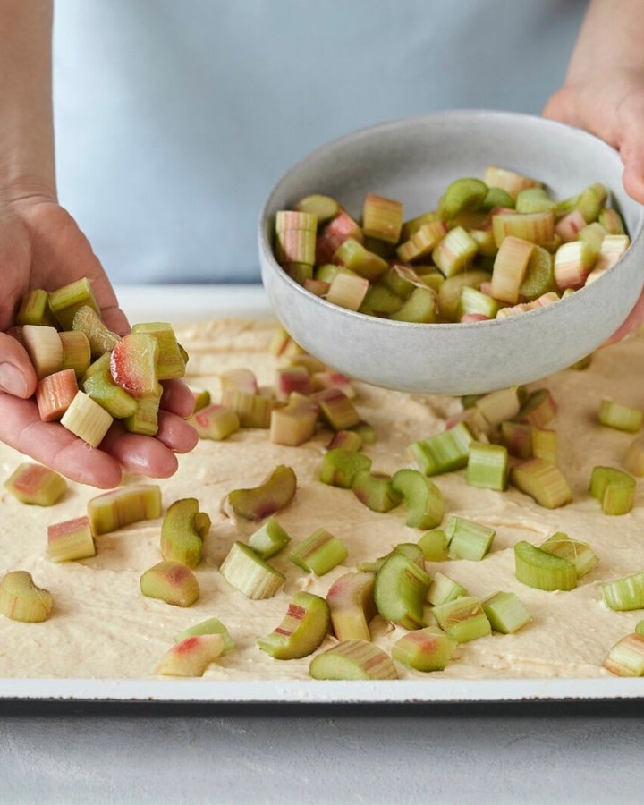 Vegan Rhubarb Sheet Cake with Crumble Topping
