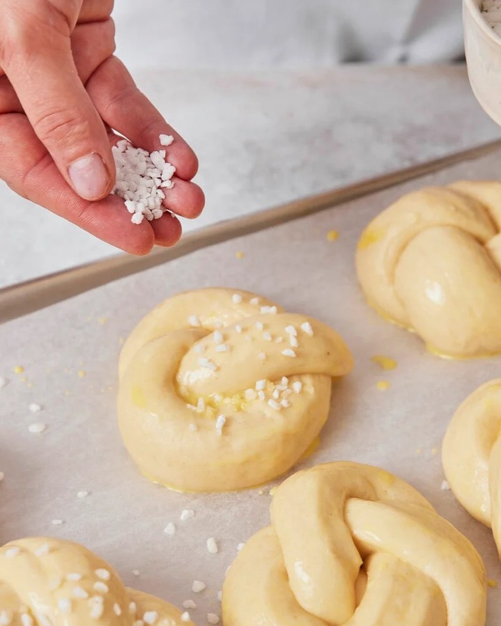 German Sweet Yeast Knots with Pearl Sugar