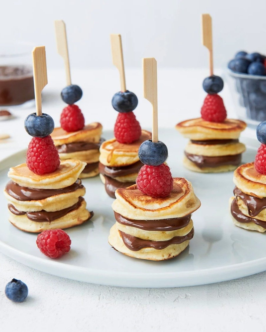 Fluffy Mini Pancake Skewers with Berries and Cream