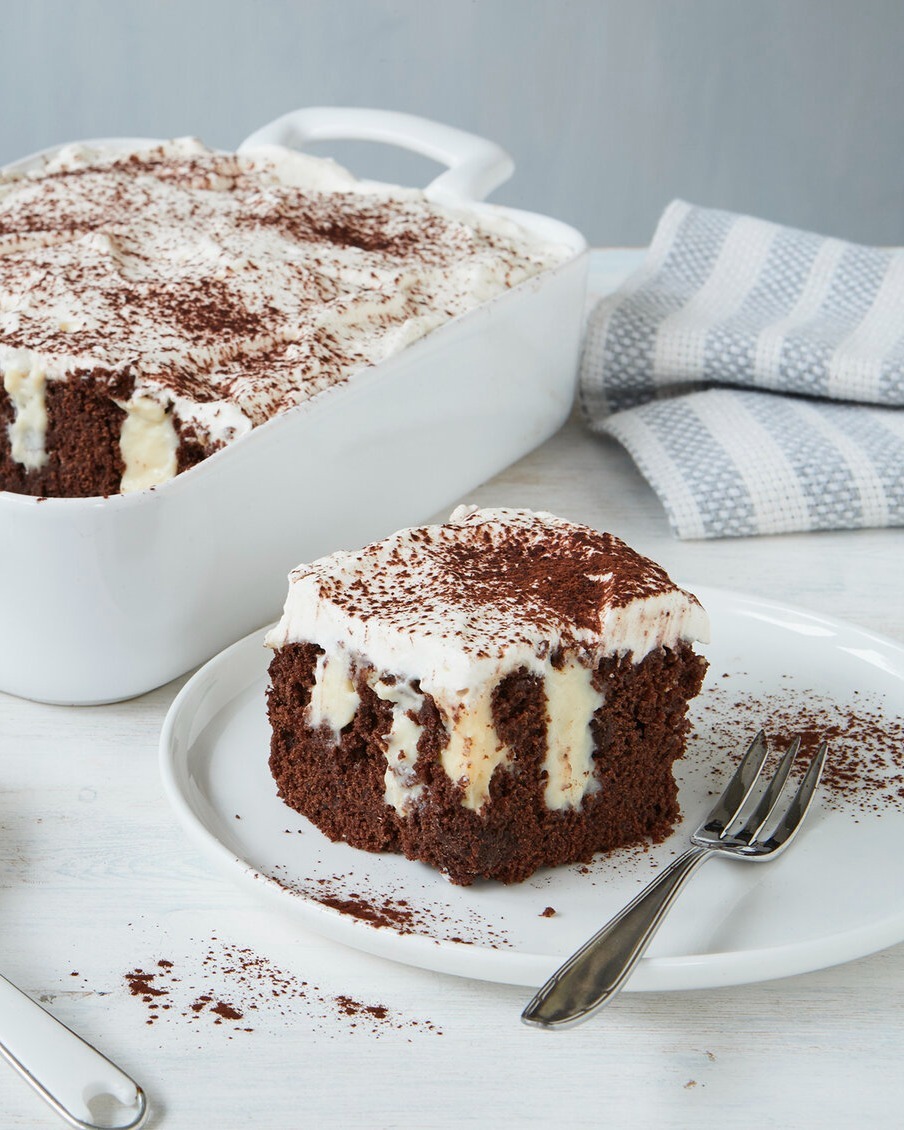Moist Chocolate Poke Cake with Vanilla Pudding