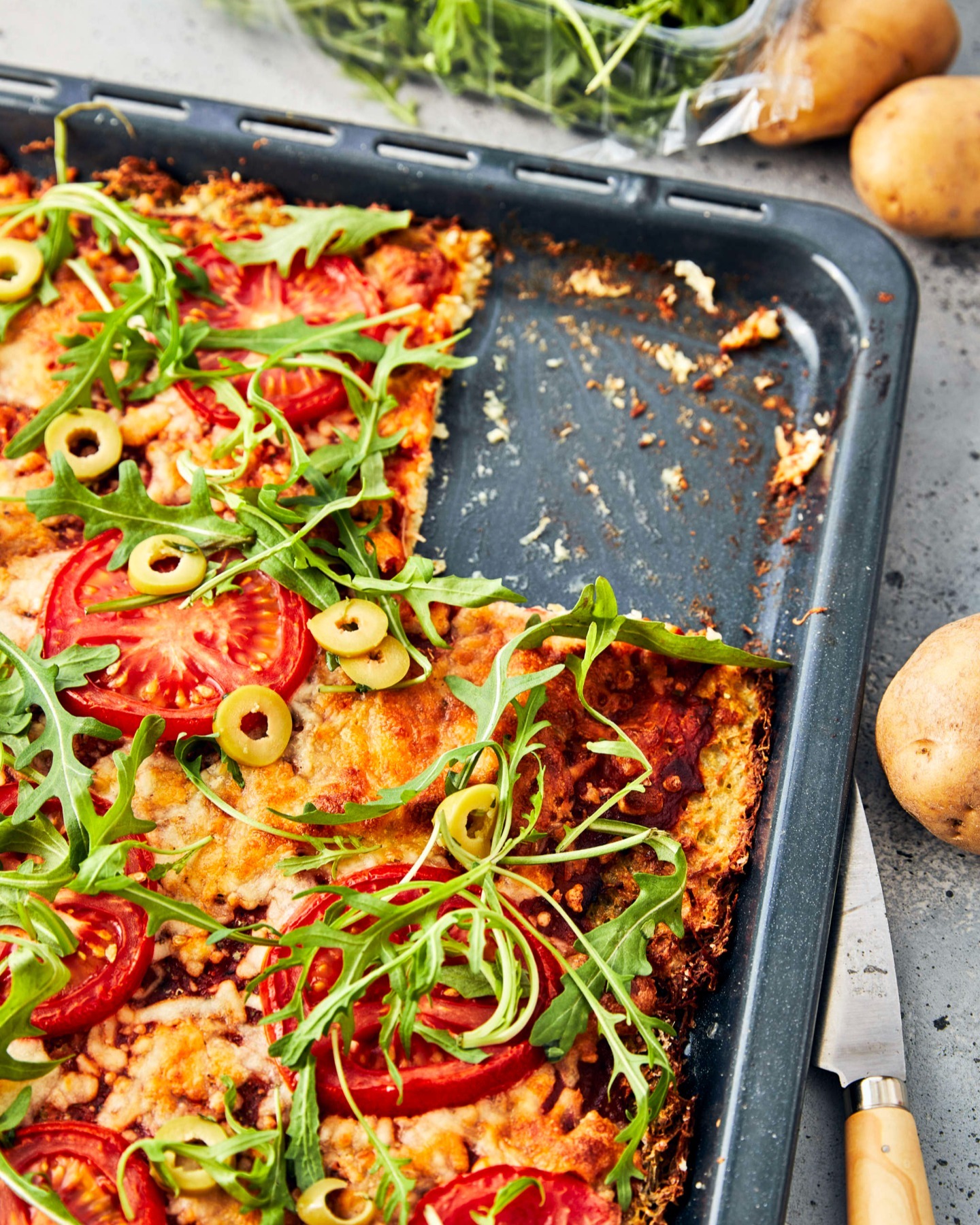 Juicy Potato Crust Pizza with Mozzarella and Tomatoes