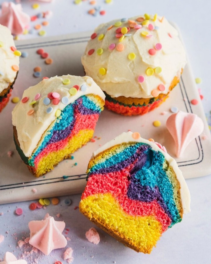 Rainbow Muffins with Cream Cheese Frosting