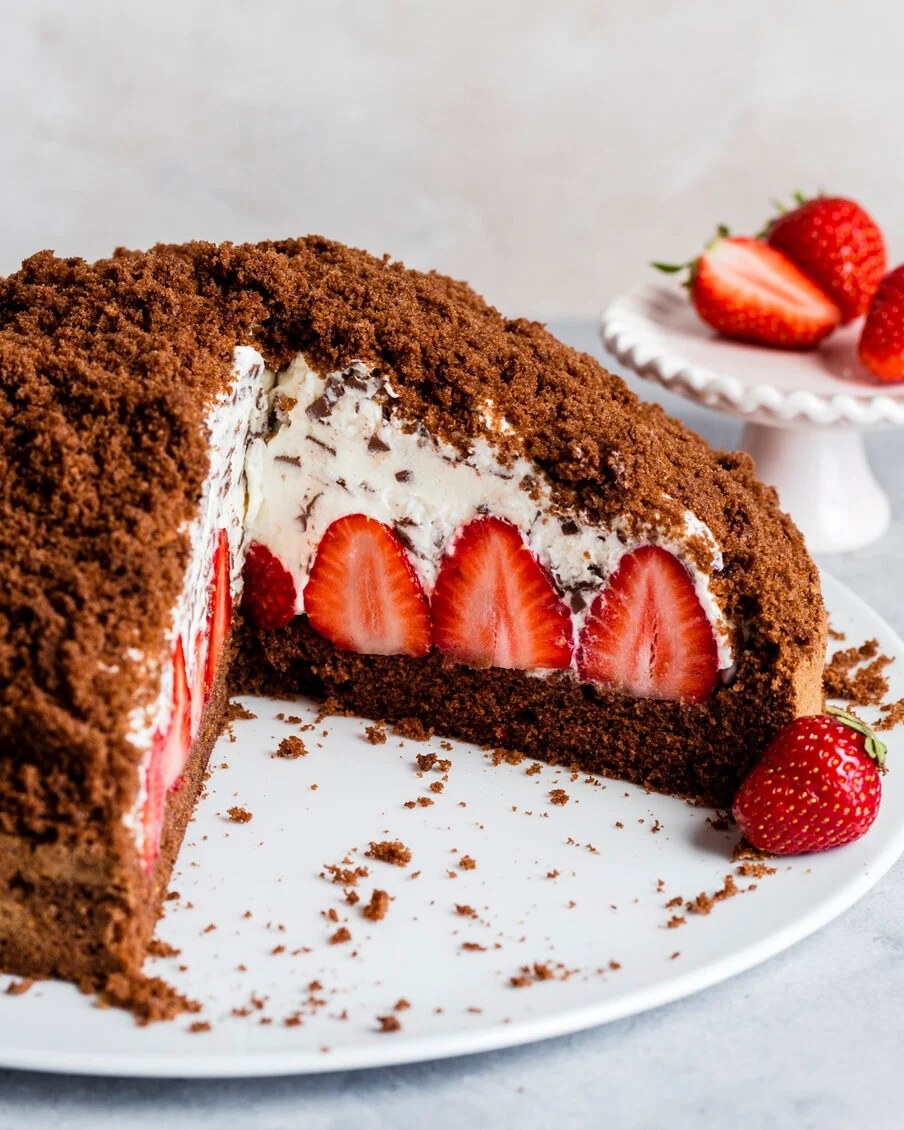 German Chocolate Crumb Cake with Strawberries