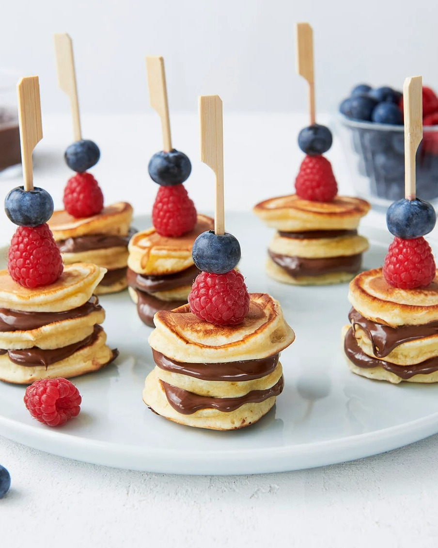 Mini Pancake Skewers with Chocolate-Hazelnut Spread and Berries