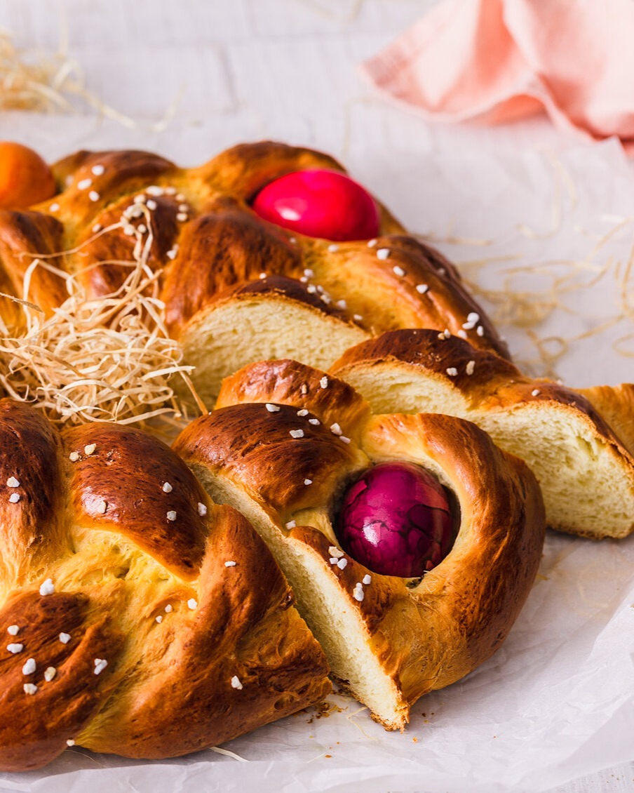 German Easter Wreath Bread with Colored Eggs