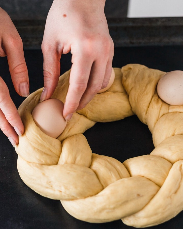German Easter Wreath Bread with Colored Eggs