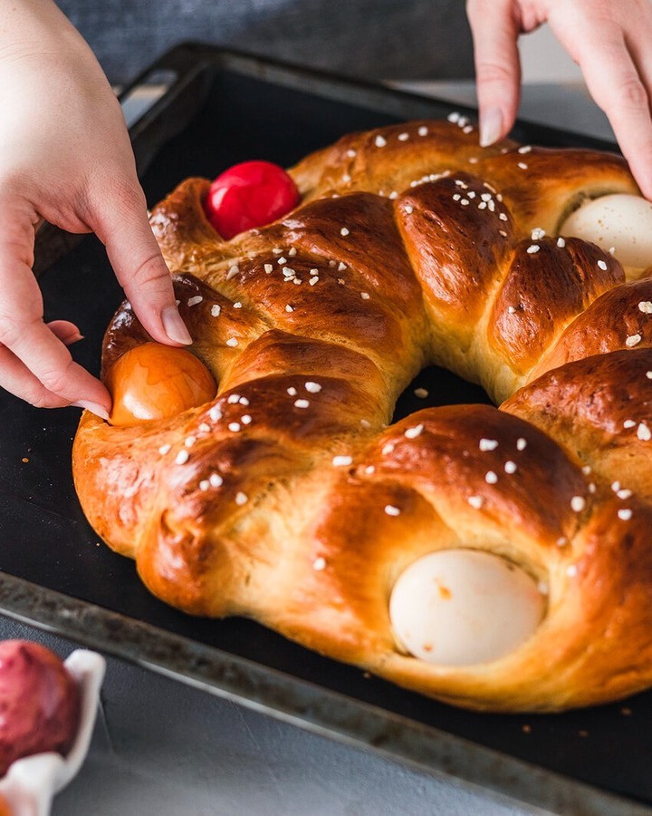 German Easter Wreath Bread with Colored Eggs