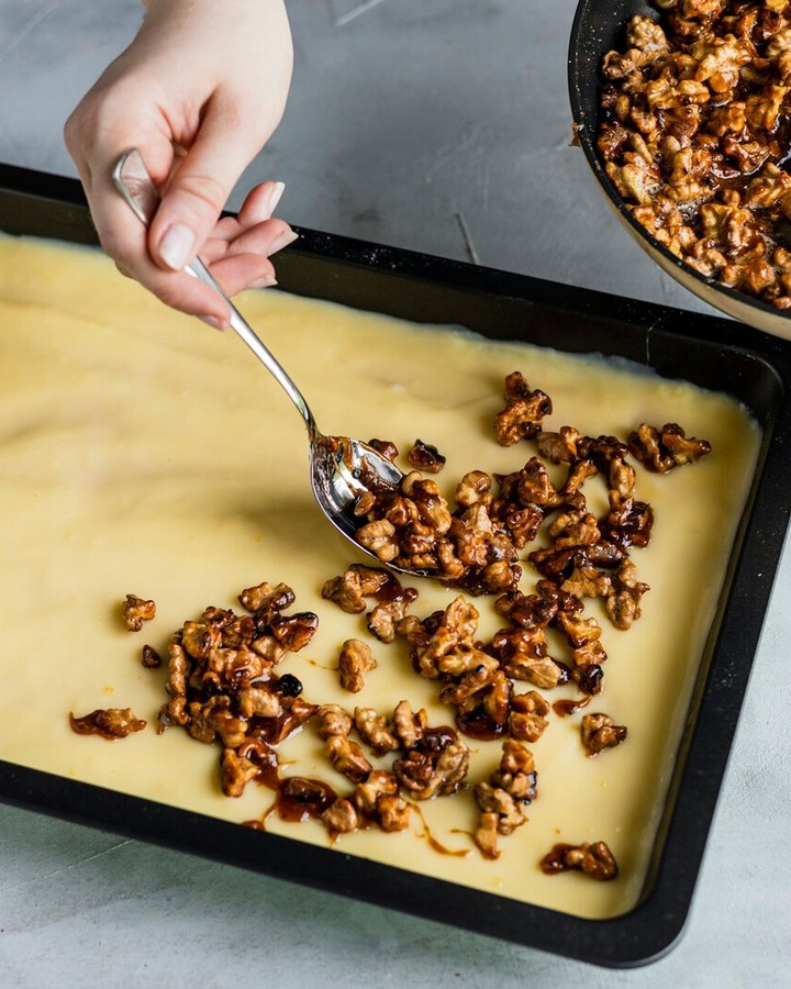 German Walnut Custard Cake with Chocolate Drizzle
