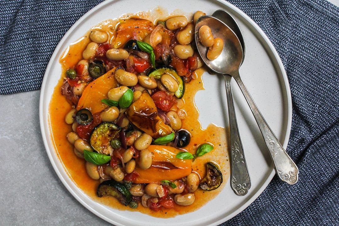 Tomatoey Butterbeans with Roasted Vegetables and Basil