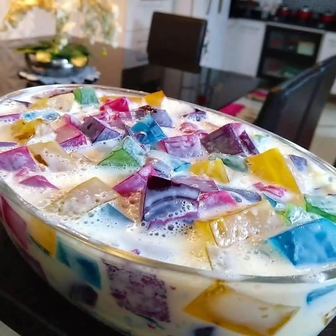 Rainbow Fruit Gelatin Dessert with Cream