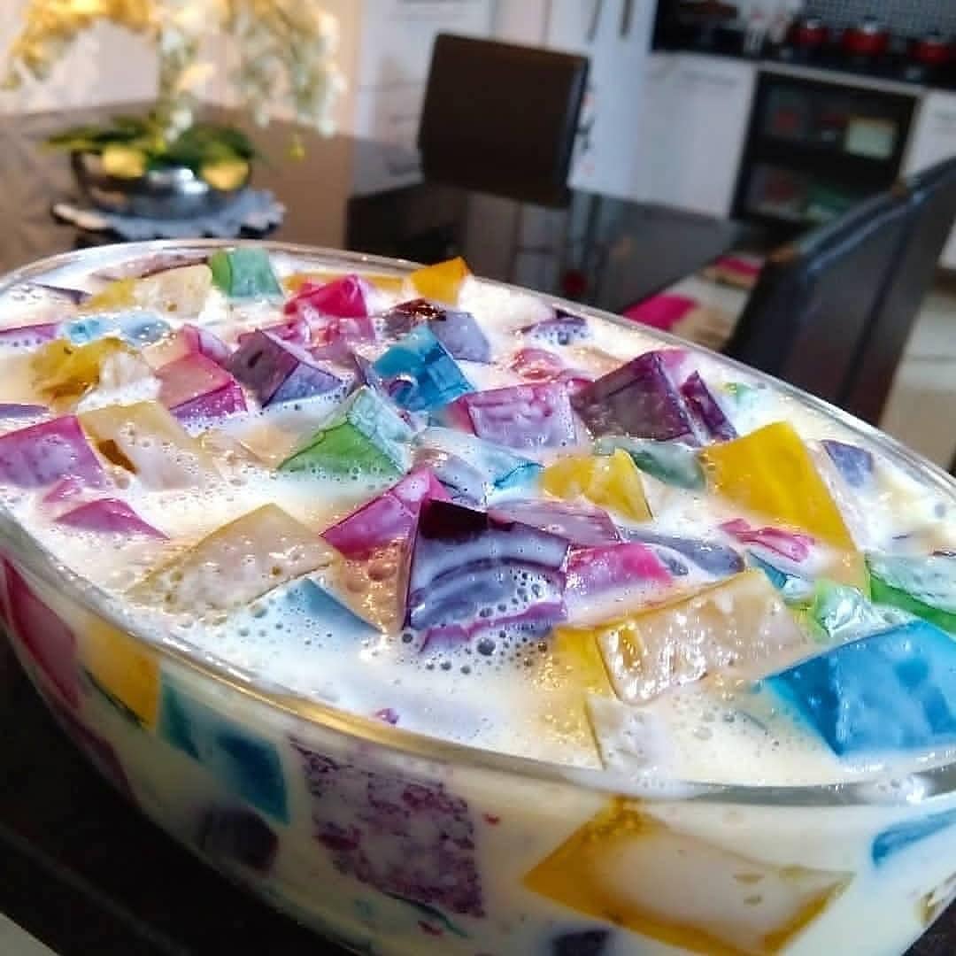 Rainbow Jelly Cubes with Creamy Sauce
