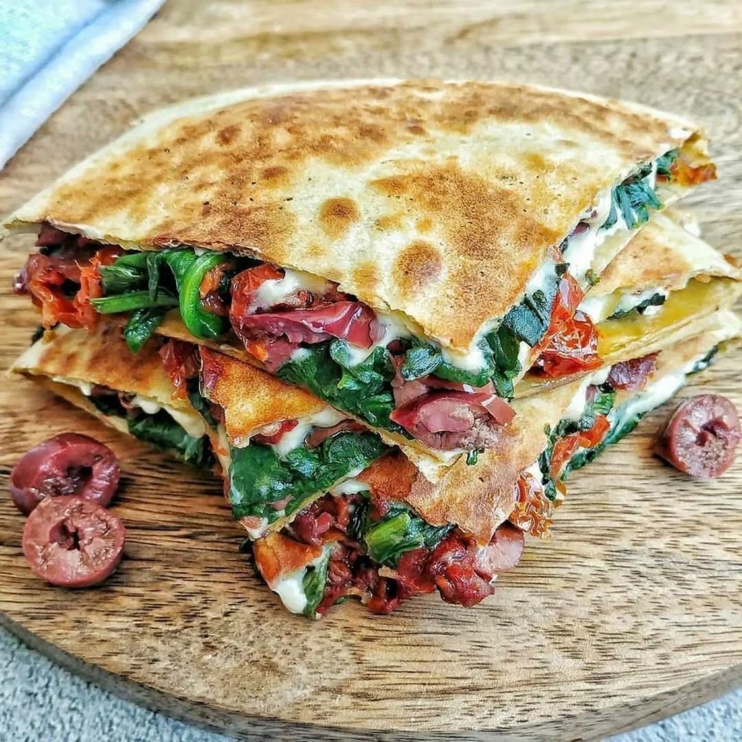 Vegan Spinach Olive and Sun-Dried Tomato Quesadilla