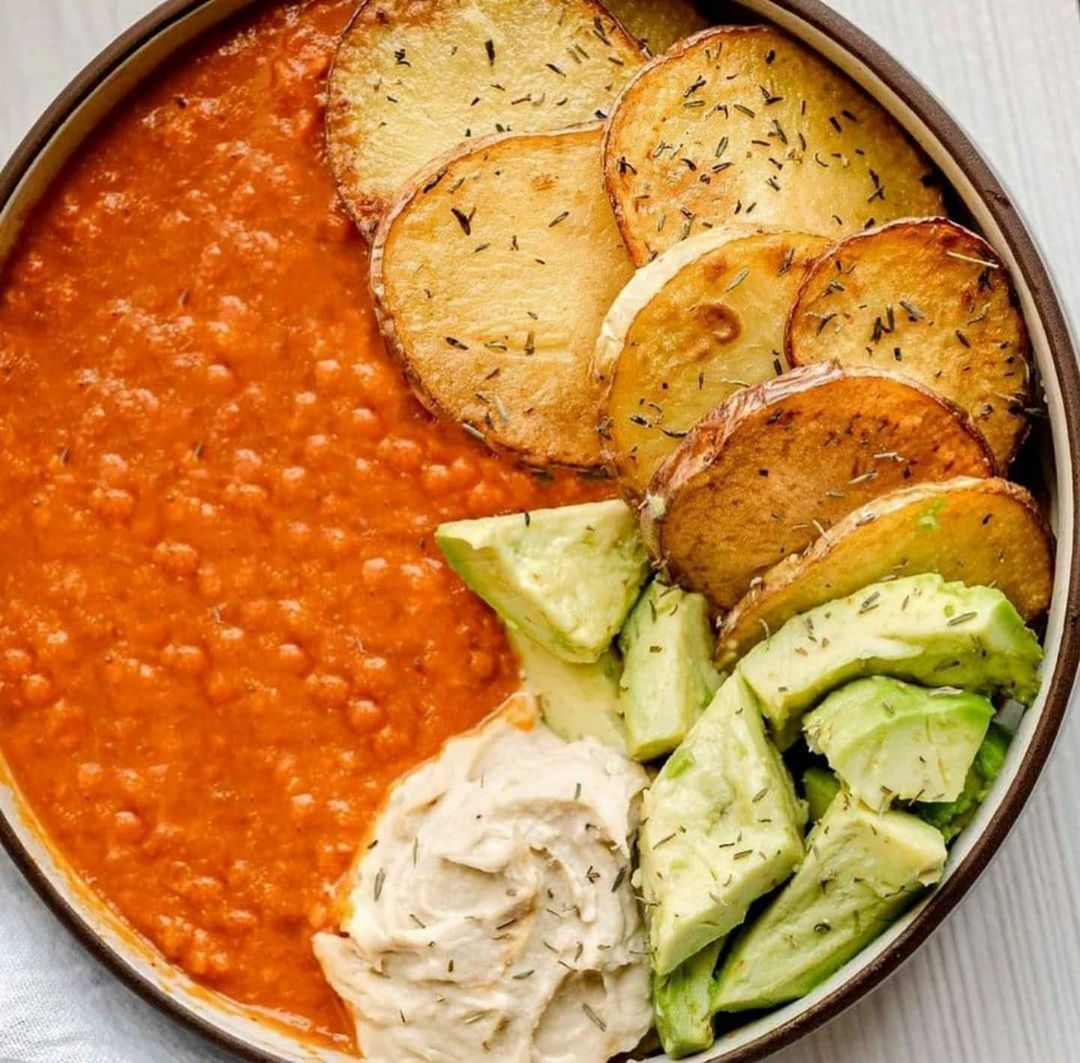 Peanut Red Lentil Sweet Potato Stew with Fried Potatoes
