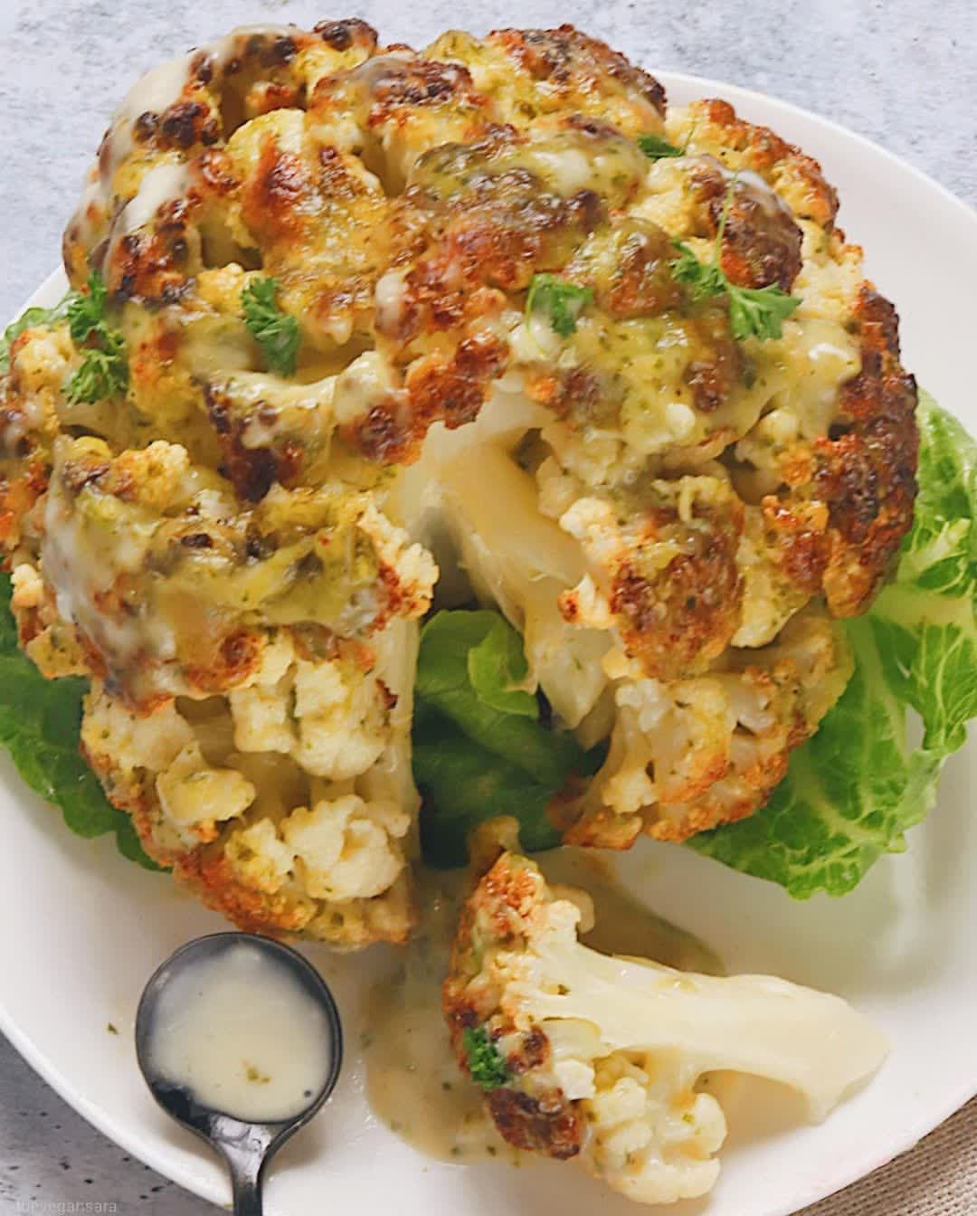 Whole Roasted Cauliflower with Cheesy Pesto