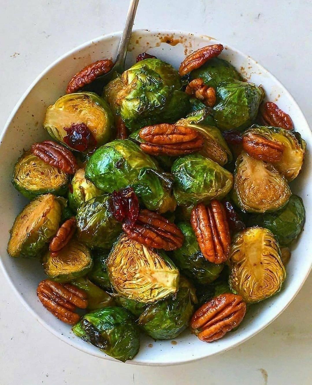 Roasted Balsamic Maple Glazed Brussels Sprouts with Pecans and Cranberries