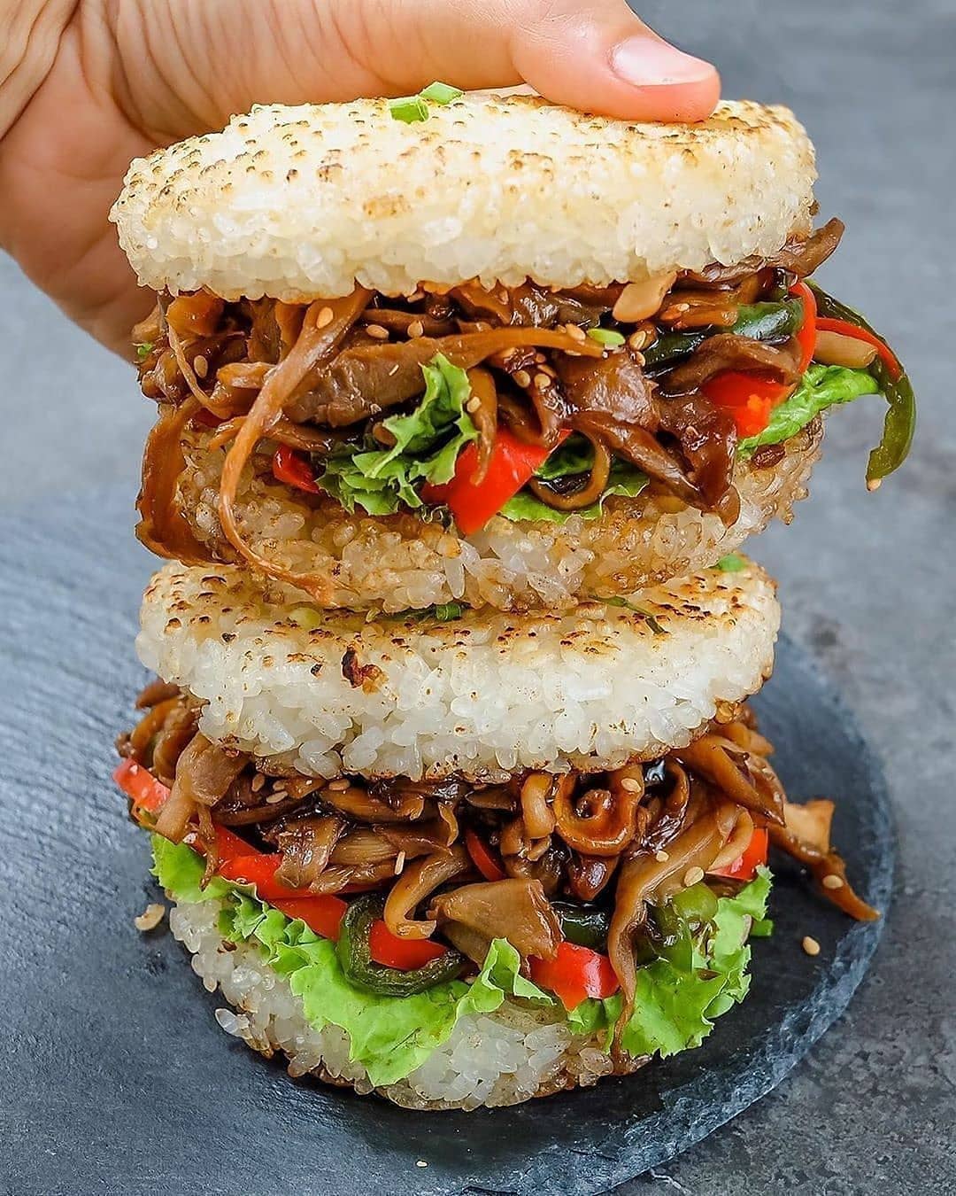 Toasted Rice Burgers with Teriyaki Oyster Mushrooms