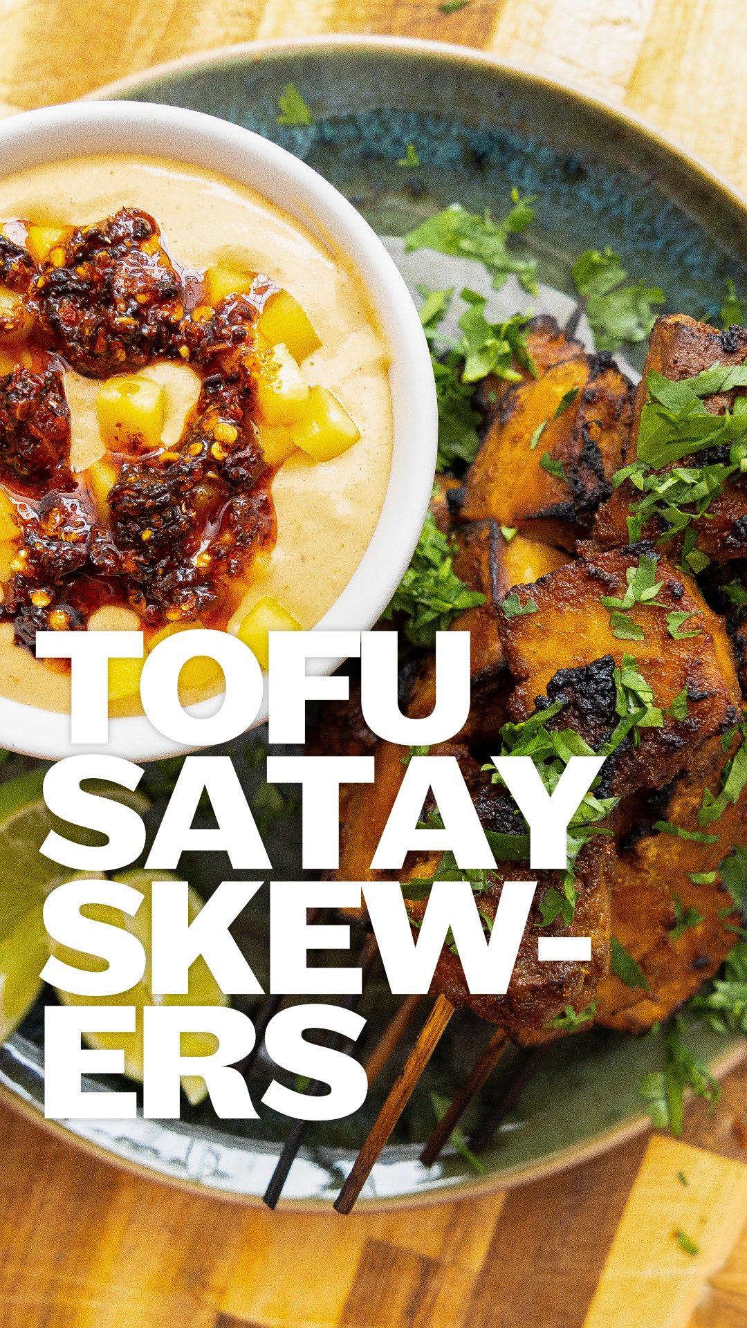 Tofu Satay Skewers with Mango Peanut Sauce