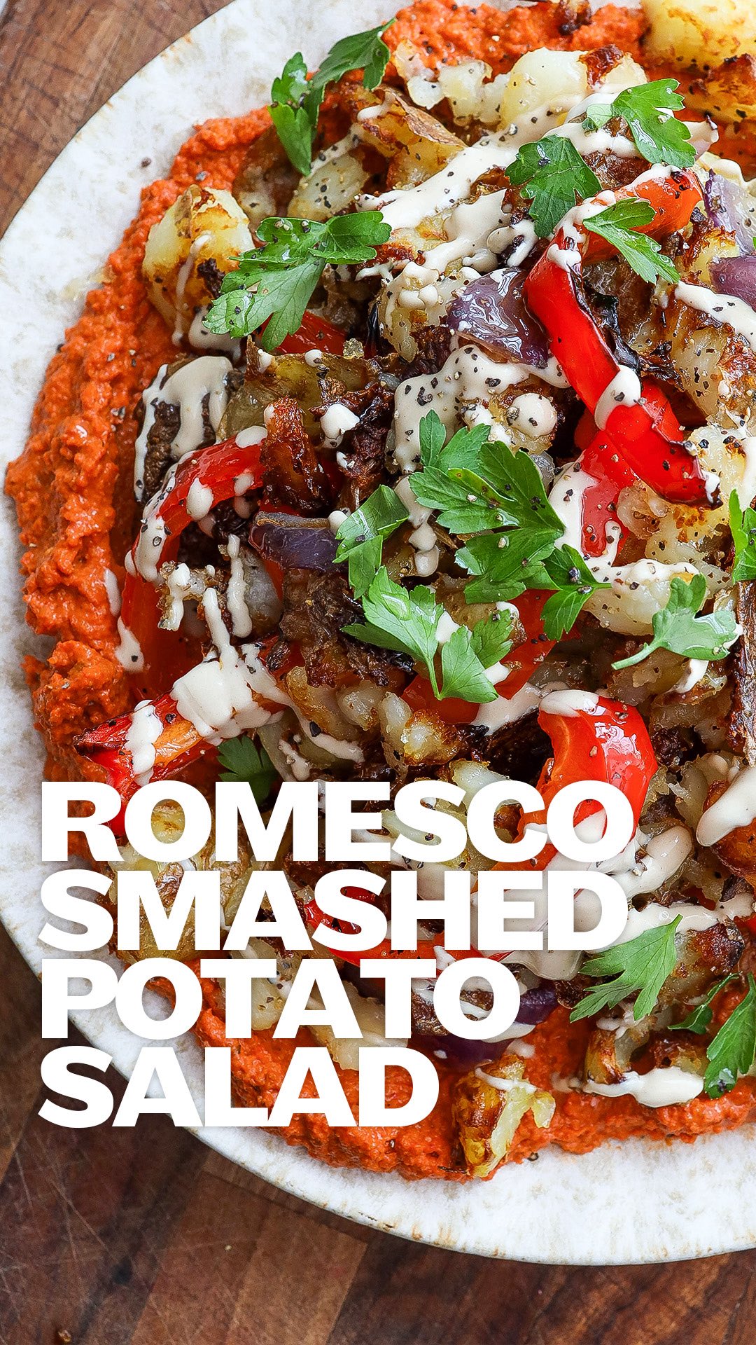 Crispy Smashed Potatoes with Romesco and Tahini