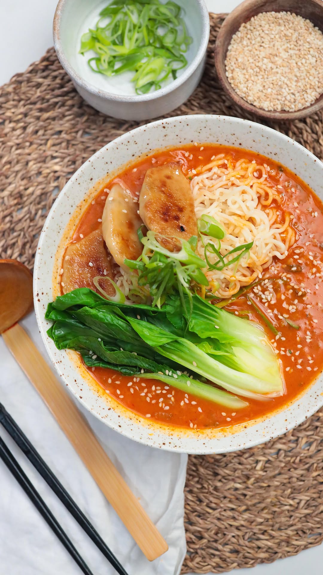 Spicy Gochujang Ramen with Gyoza and Kimchi