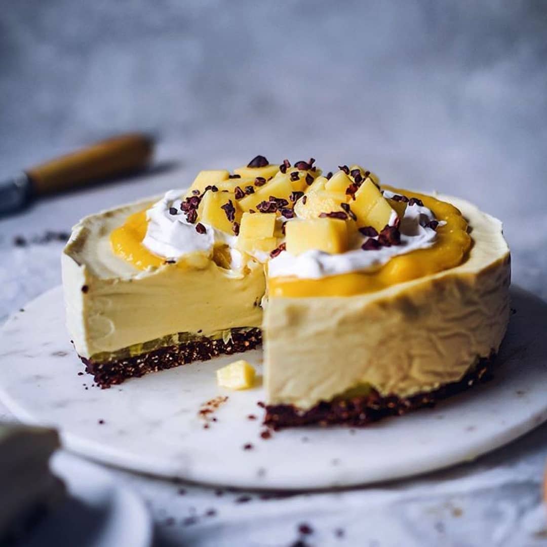 Raw Mango Pecan Brownie Cheesecake