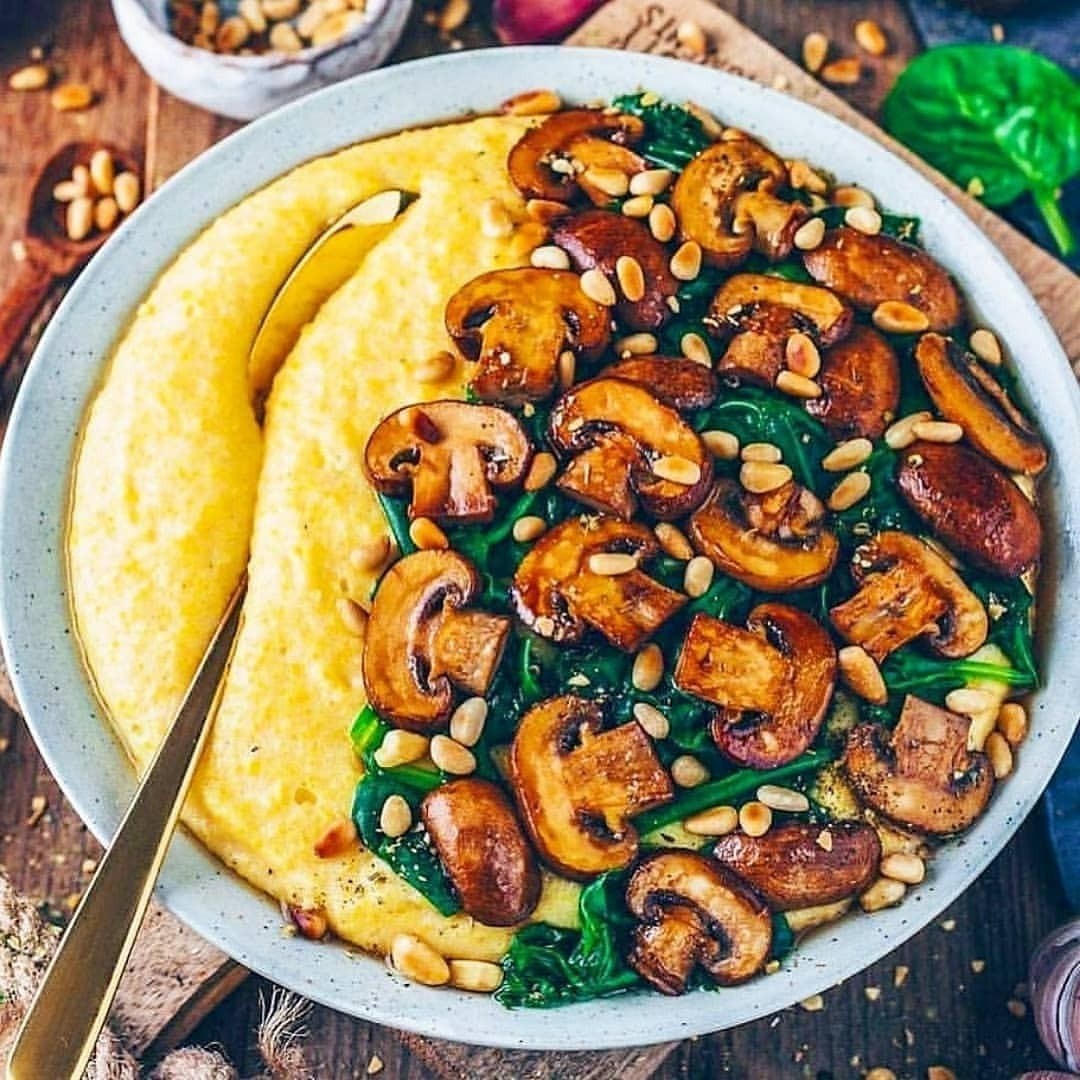 Creamy Vegan Polenta with Garlicky Mushrooms and Spinach