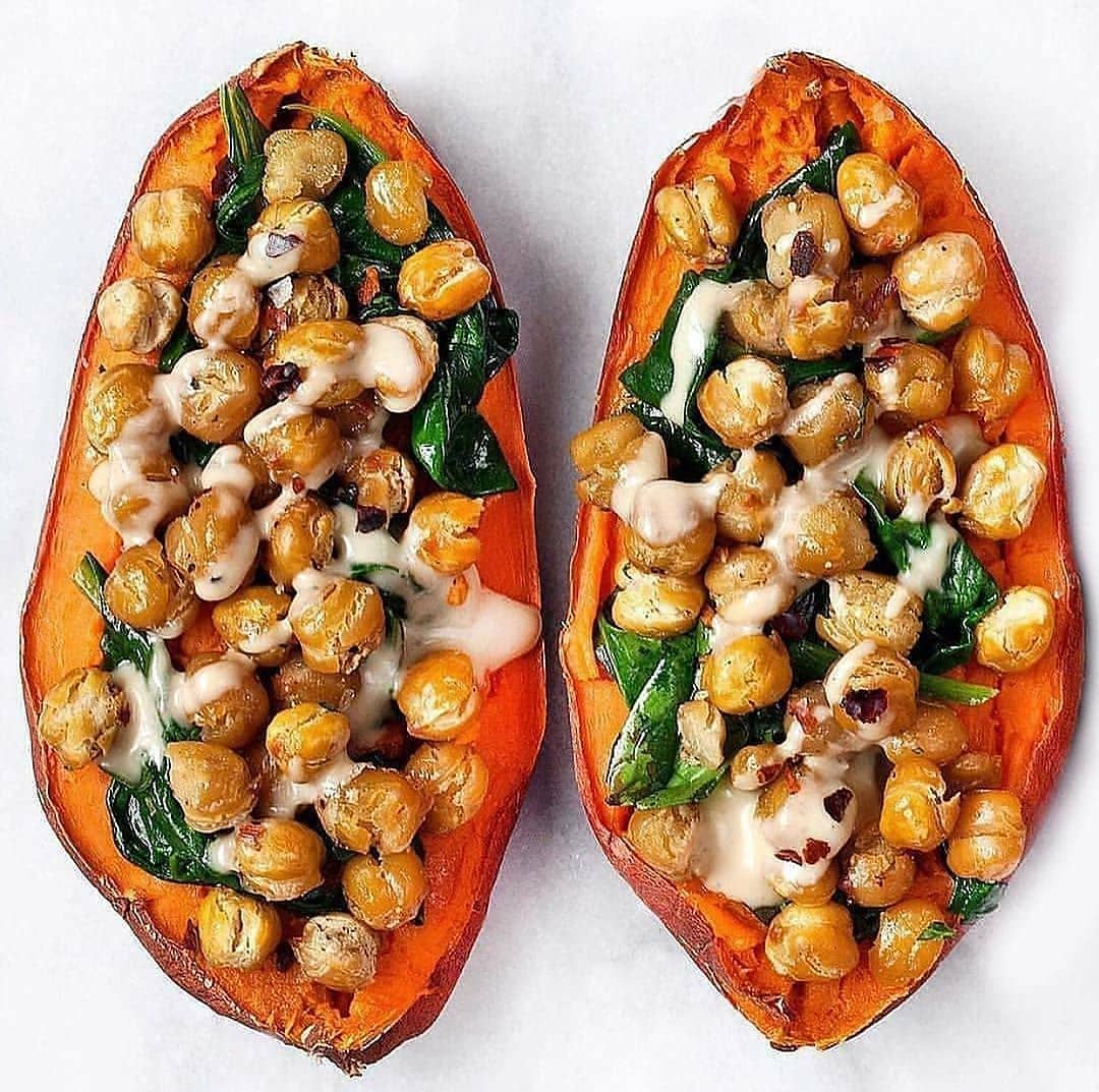 Chickpea Spinach Stuffed Sweet Potatoes