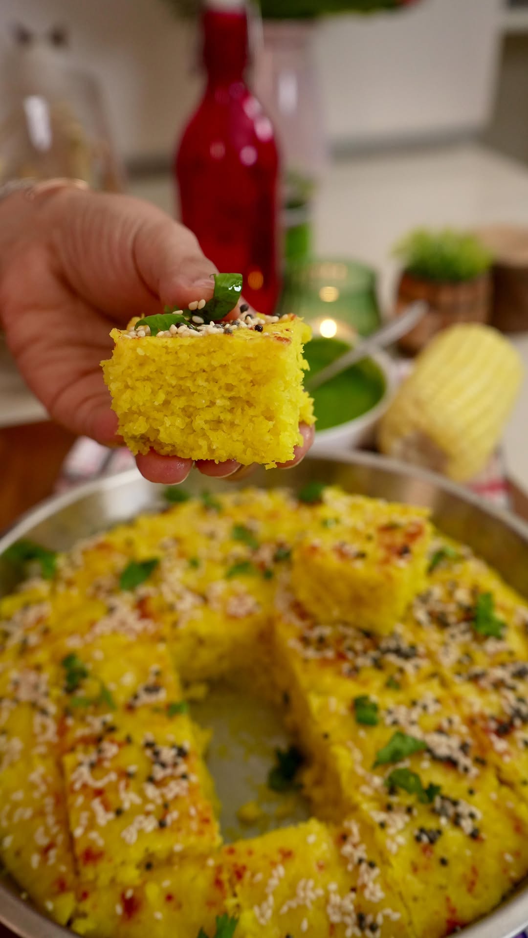Sweetcorn Dhokla with Coriander Chutney