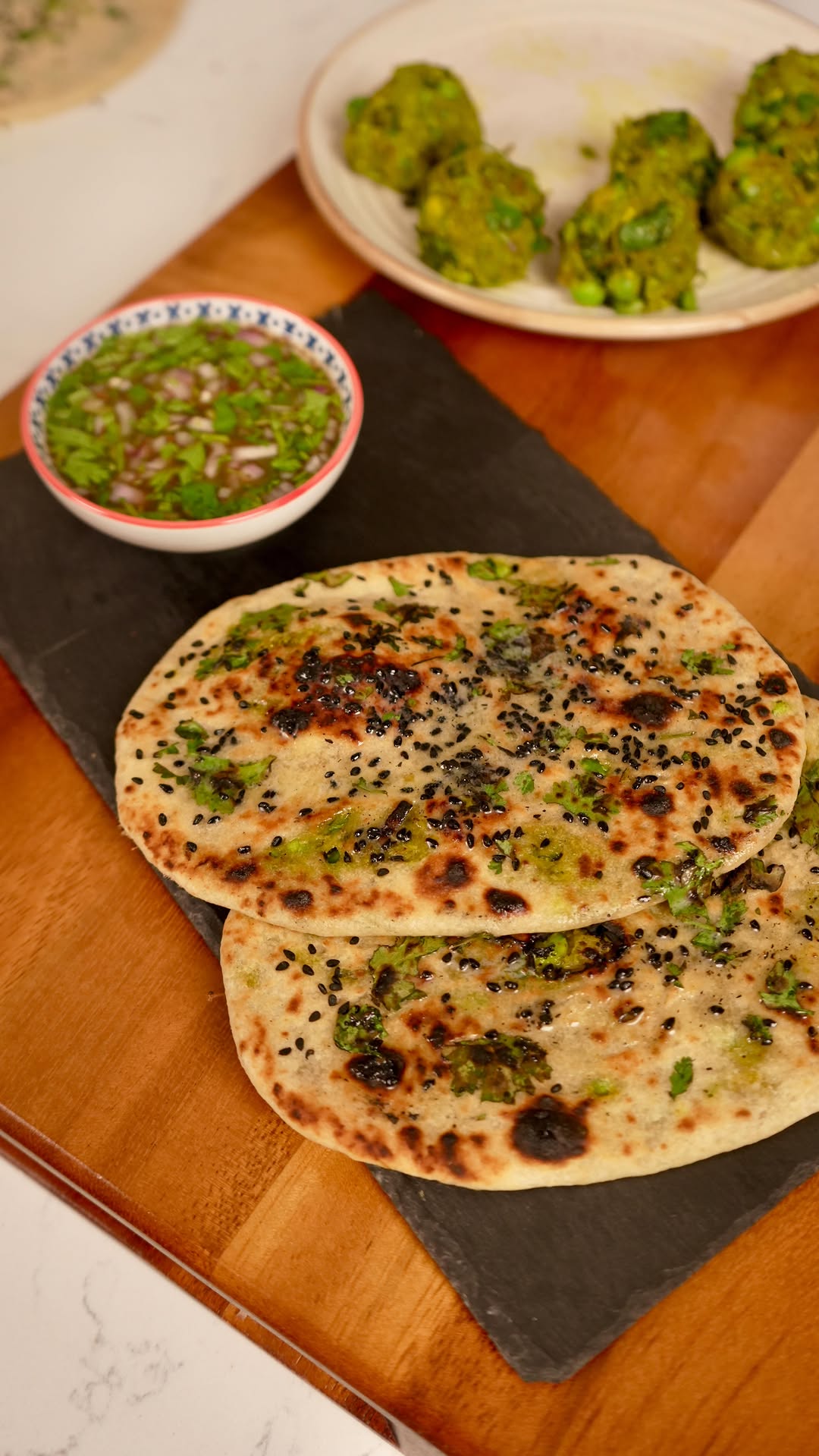 Stuffed Green Pea Naan with Tamarind Chutney