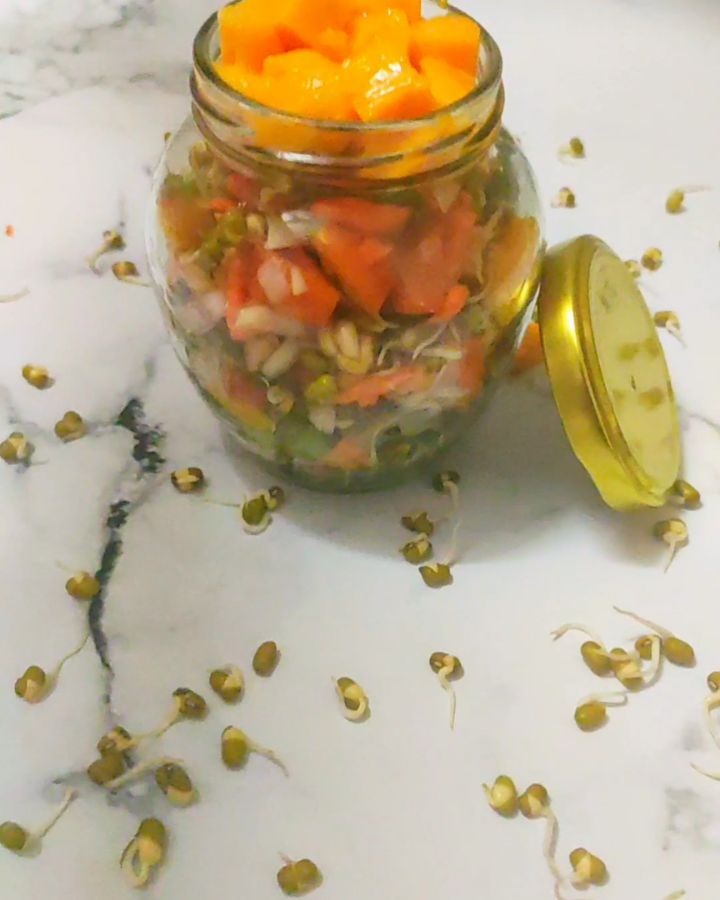 Healthy and Tasty Sprouted Moong Bean Salad with Mango