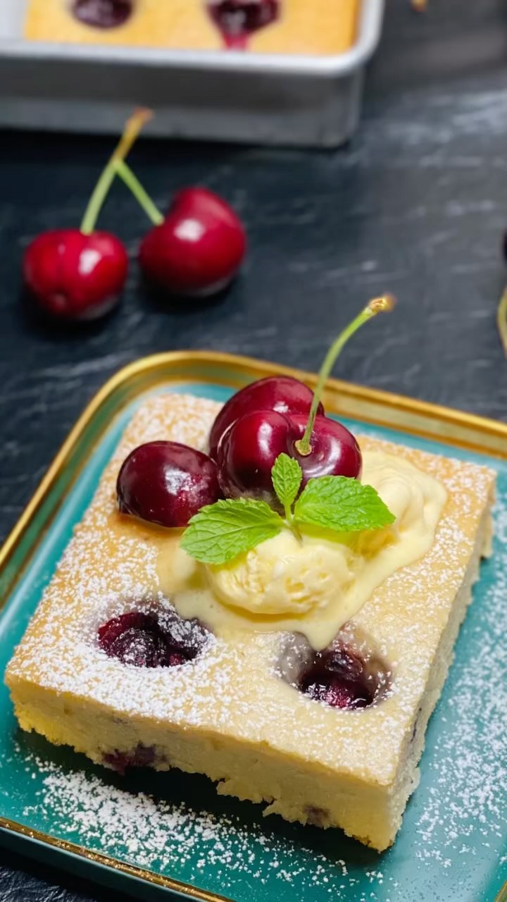 Eggless Cherry Cake with Ice Cream