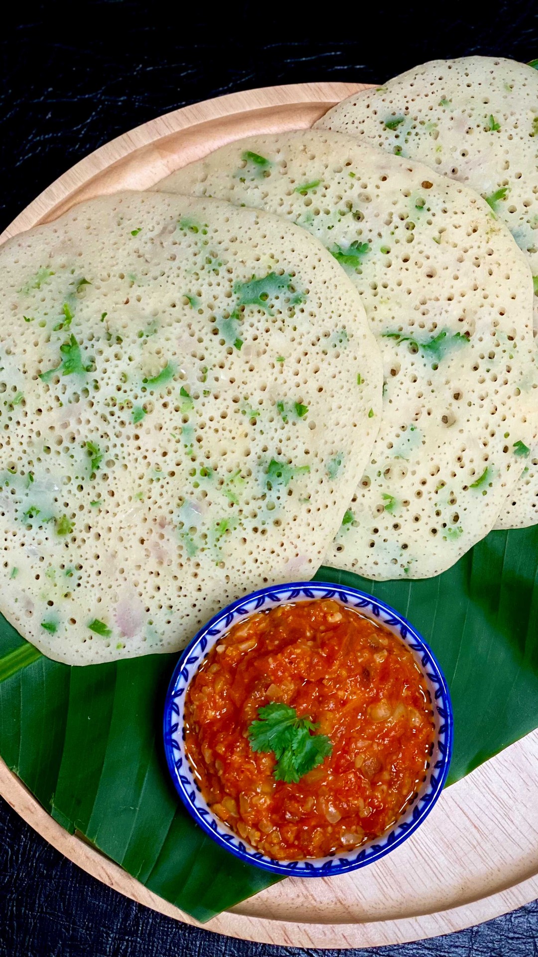Masala Appam with Tangy Tomato Peanut Chutney