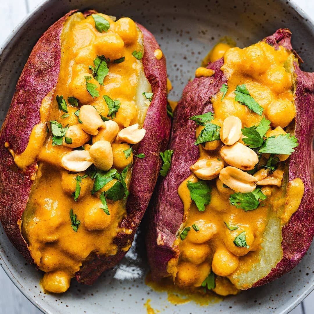 Chickpea Massoman Curry-Loaded Sweet Potatoes