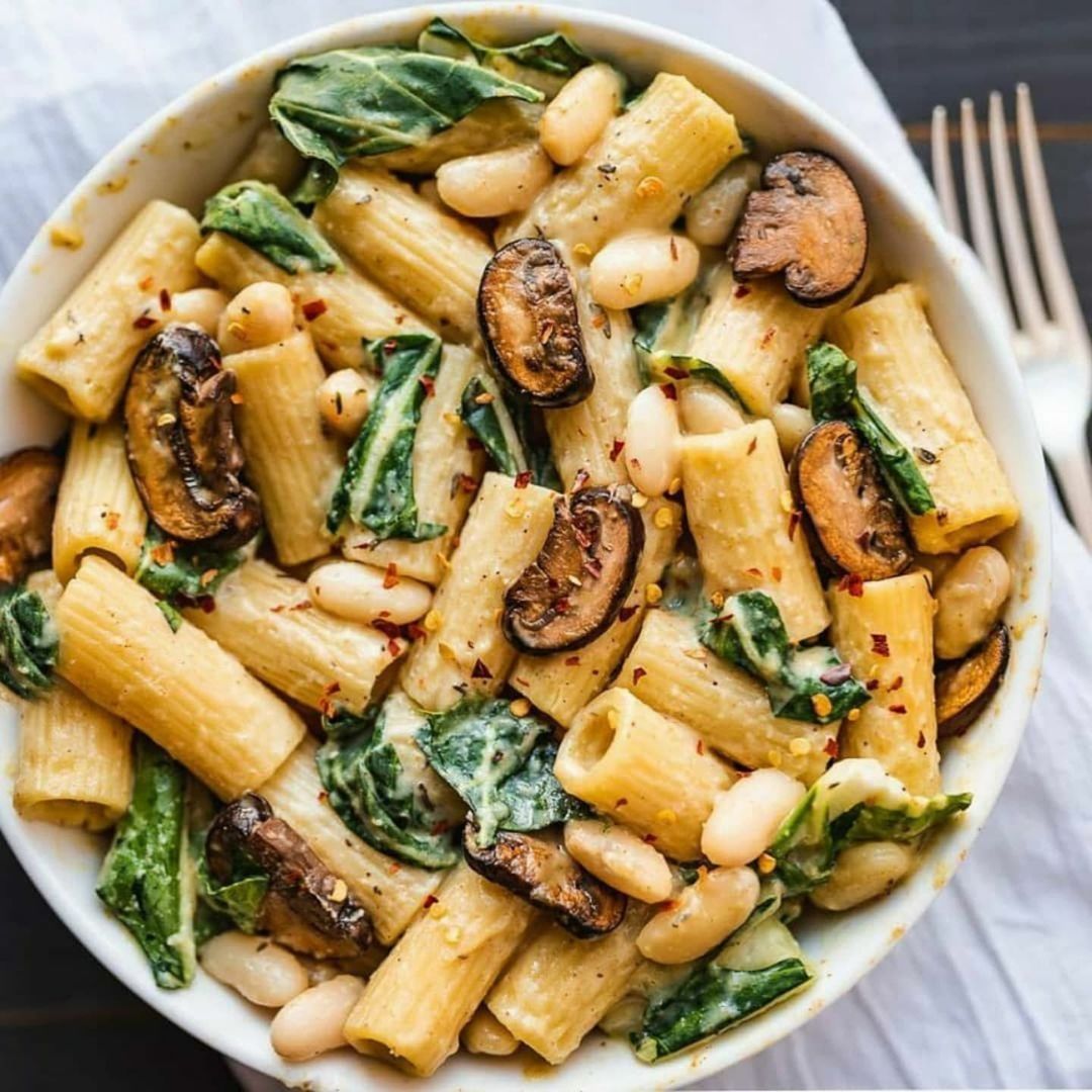 Vegan Cheesy Pasta with Beans and Greens